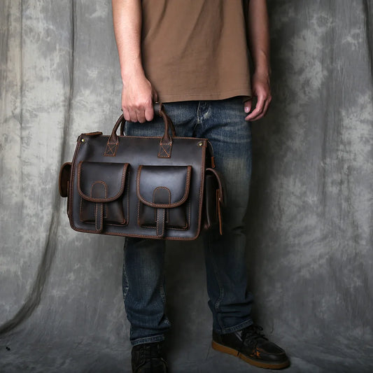 Crazy Horse Leather Retro Men's Horizontal Handbag Genuine Leather Niche Single Shoulder Cross Shoulder Large Capacity Briefcase