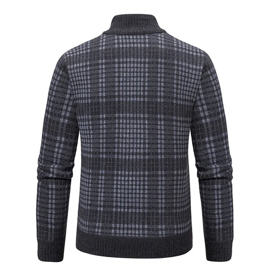Mens Sweaters Jacket Full Zip Fleeced Sweater Cardigan Plaid Stand Collar Sweaters Coat Autumn Winter Homme Clothes