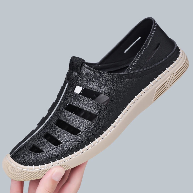 Outdoor Men Summer Sandals Breathable Hollow Leisure Anti Slip Leather Beach Shoes Fashionable Man Comfortable Hole Shoes
