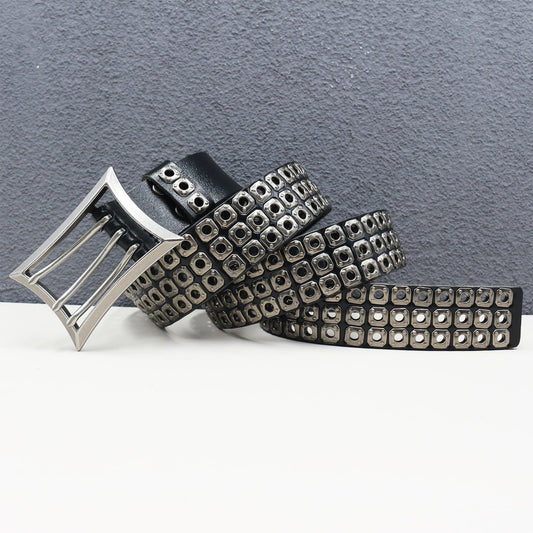 Rock Genuine Leather Luxury Punk Belt Jeans Heavy duty Hollow manual Designer Brand Belt Men Rivet Three-pin buckle Belt Male