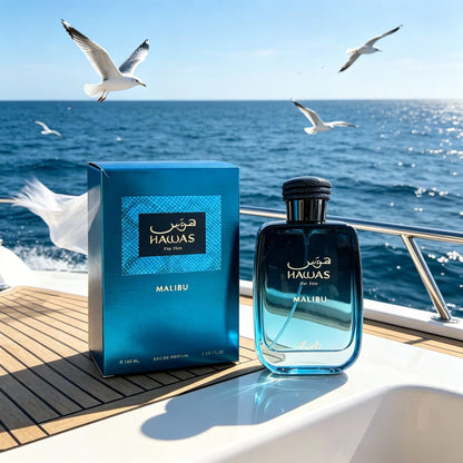 Rasasi Hawas Malibu For Him EDP Men Perfume 100ml Gradient Blue Bottle Fresh Aquatic Citrus Scent Long Lasting Masculine Fragrance Gift Box