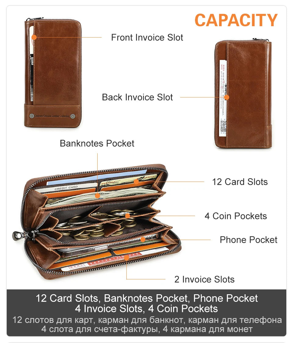 CONTACT'S RFID Men Wallet Genuine Leather Clutch Wallets Male Casual Long Purse with Phone Pocket Large Capacity Card Holder Bag