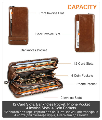 CONTACT'S RFID Men Wallet Genuine Leather Clutch Wallets Male Casual Long Purse with Phone Pocket Large Capacity Card Holder Bag