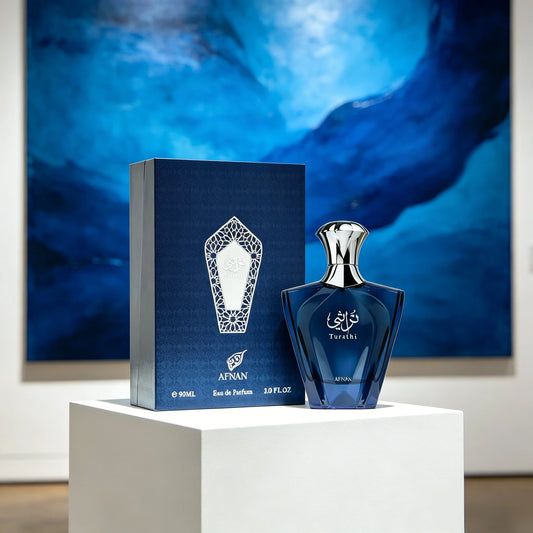 Afnan Turathi Men EDP Perfume Luxury Arab Design Glossy Deep Blue Bottle Rich Oriental Woody Scent Holiday Birthday Gift For Him