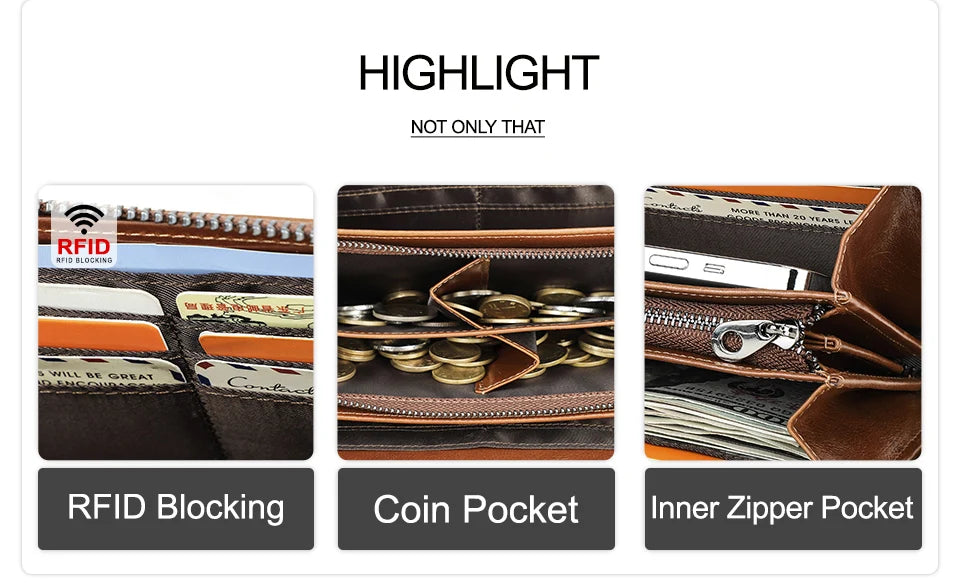 CONTACT'S RFID Men Wallet Genuine Leather Clutch Wallets Male Casual Long Purse with Phone Pocket Large Capacity Card Holder Bag