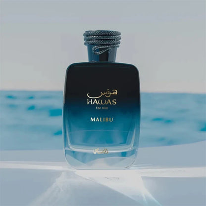 Rasasi Hawas Malibu Eau de Parfum Spray for Men – Sun-Drenched Fresh Citrus, Marine & Woody Aromatic Scent, Long-Lasting Premium Arabian Fragrance, Perfect Gift, 3.4 fl oz / 100 ml