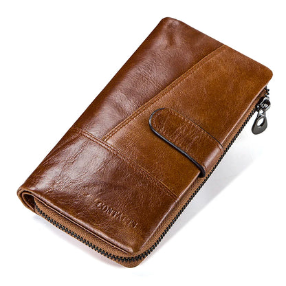 CONTACTS Genuine Leather Men Wallet Long Vintage Bifold Men's Wallet Zipper Coin Purses Large Capacity Money Clips Card Holder