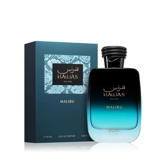 Rasasi Hawas Malibu Eau de Parfum Spray for Men – Sun-Drenched Fresh Citrus, Marine & Woody Aromatic Scent, Long-Lasting Premium Arabian Fragrance, Perfect Gift, 3.4 fl oz / 100 ml