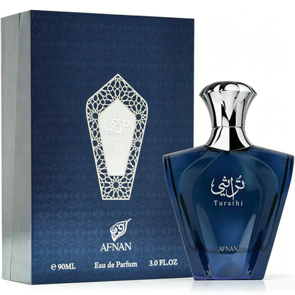 Afnan Turathi Men EDP Perfume Luxury Arab Design Glossy Deep Blue Bottle Rich Oriental Woody Scent Holiday Birthday Gift For Him