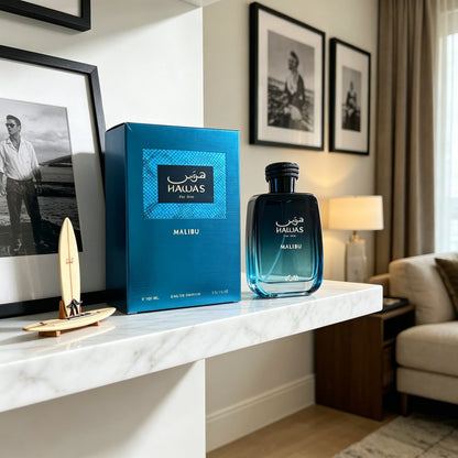 Rasasi Hawas Malibu For Him EDP Men Perfume 100ml Gradient Blue Bottle Fresh Aquatic Citrus Scent Long Lasting Masculine Fragrance Gift Box