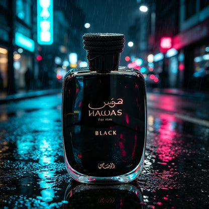 Rasasi Hawas Black Eau de Parfum Spray for Men – Intense Woody Spicy & Smoky Amber Scent, Long-Lasting Premium Arabian Fragrance, Perfect Gift, 3.4 fl oz / 100 ml