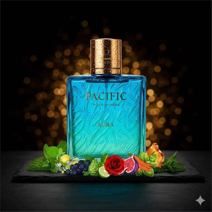 Rayhaan Pacific Aura Pour Homme Men's perfume Aquatic citrus fragrance, 3.4oz100ml, gradual blue-green ripple bottle body, visual sense of sea breeze