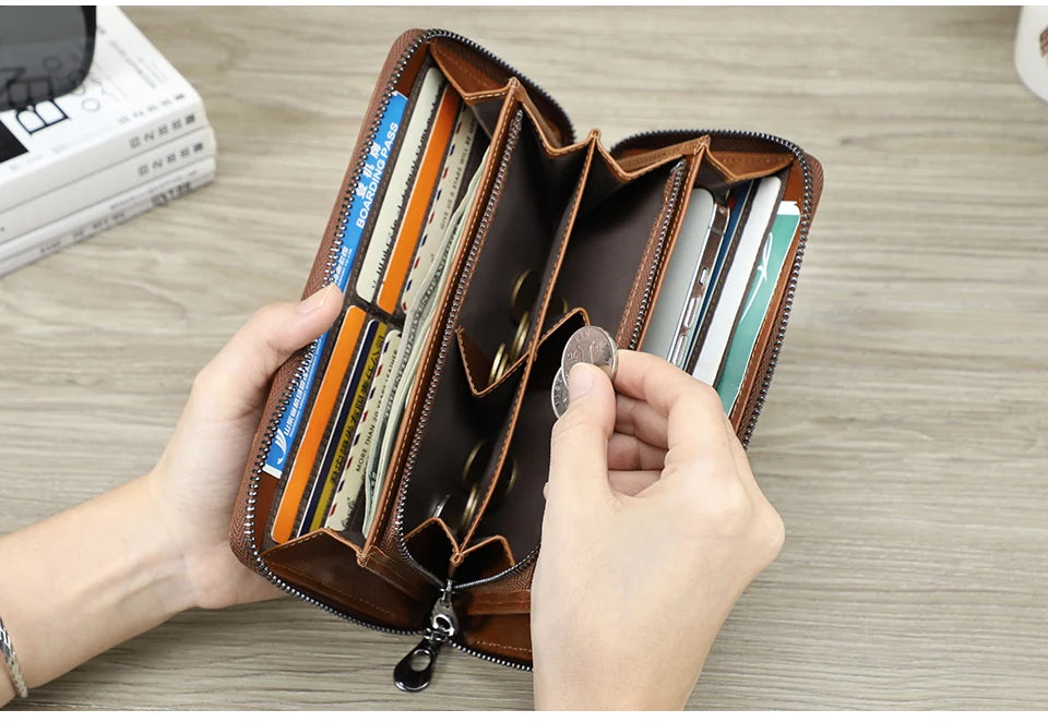 CONTACT'S RFID Men Wallet Genuine Leather Clutch Wallets Male Casual Long Purse with Phone Pocket Large Capacity Card Holder Bag