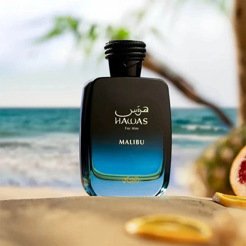 Rasasi Hawas Malibu Eau de Parfum Spray for Men – Sun-Drenched Fresh Citrus, Marine & Woody Aromatic Scent, Long-Lasting Premium Arabian Fragrance, Perfect Gift, 3.4 fl oz / 100 ml