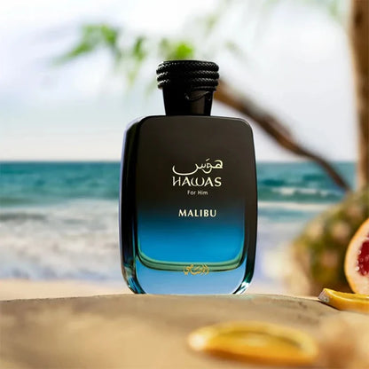 Rasasi Hawas Malibu Eau de Parfum Spray for Men – Sun-Drenched Fresh Citrus, Marine & Woody Aromatic Scent, Long-Lasting Premium Arabian Fragrance, Perfect Gift, 3.4 fl oz / 100 ml