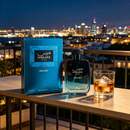 Rasasi Hawas Malibu For Him EDP Men Perfume 100ml Gradient Blue Bottle Fresh Aquatic Citrus Scent Long Lasting Masculine Fragrance Gift Box