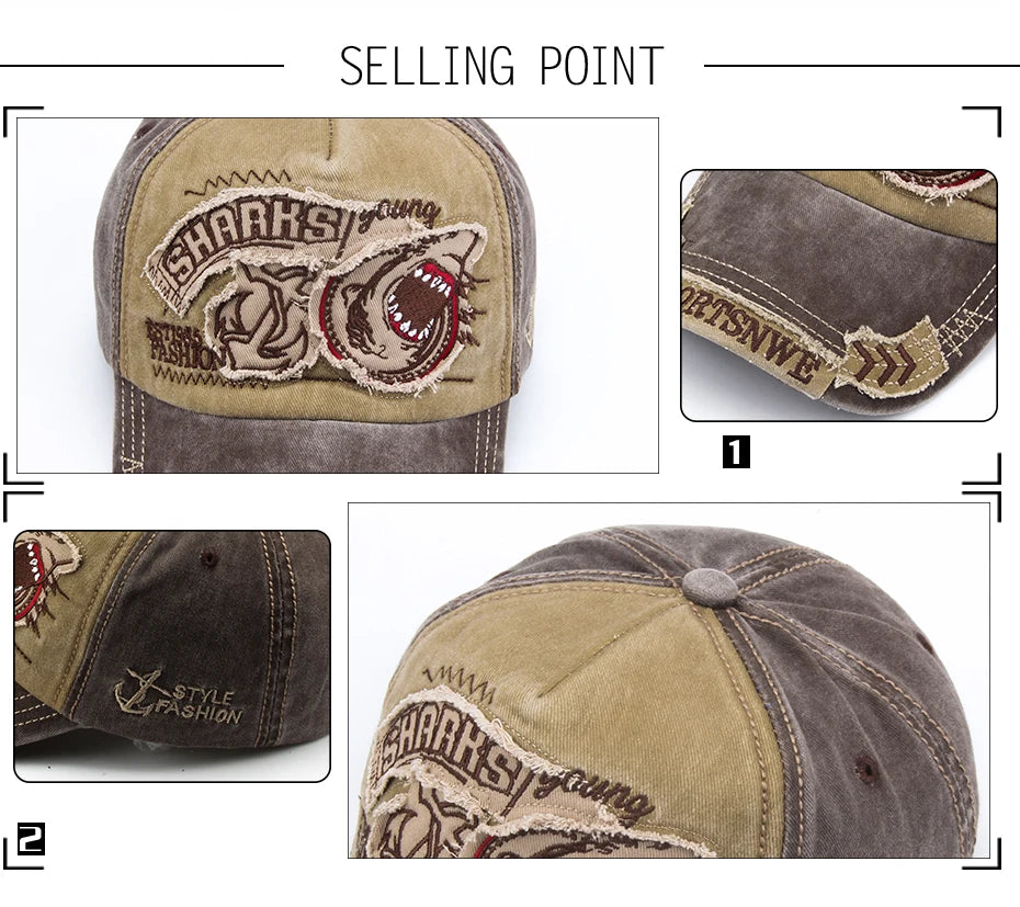 Summer Men Baseball Cap Cotton Fashion Shark Embroidery Vintage Casual Visor Hat For Women Snapback Hip Hop Caps Unisex