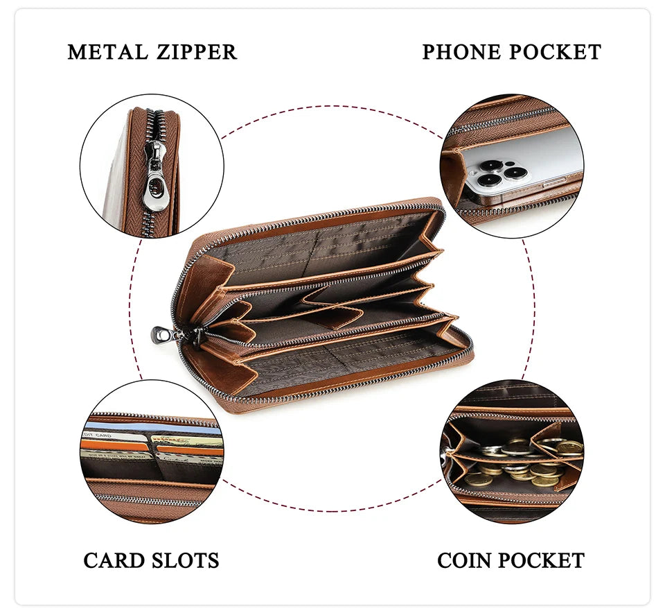 CONTACT'S RFID Men Wallet Genuine Leather Clutch Wallets Male Casual Long Purse with Phone Pocket Large Capacity Card Holder Bag