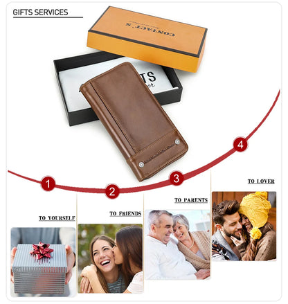 CONTACT'S RFID Men Wallet Genuine Leather Clutch Wallets Male Casual Long Purse with Phone Pocket Large Capacity Card Holder Bag