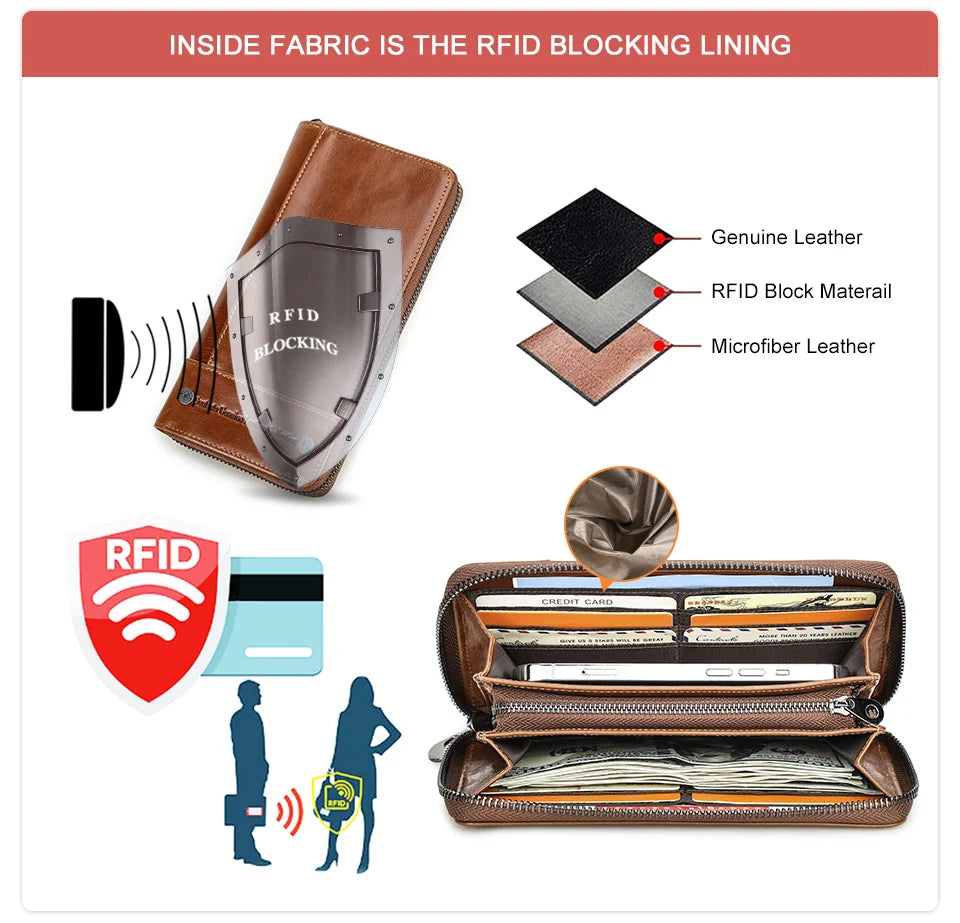 CONTACT'S RFID Men Wallet Genuine Leather Clutch Wallets Male Casual Long Purse with Phone Pocket Large Capacity Card Holder Bag