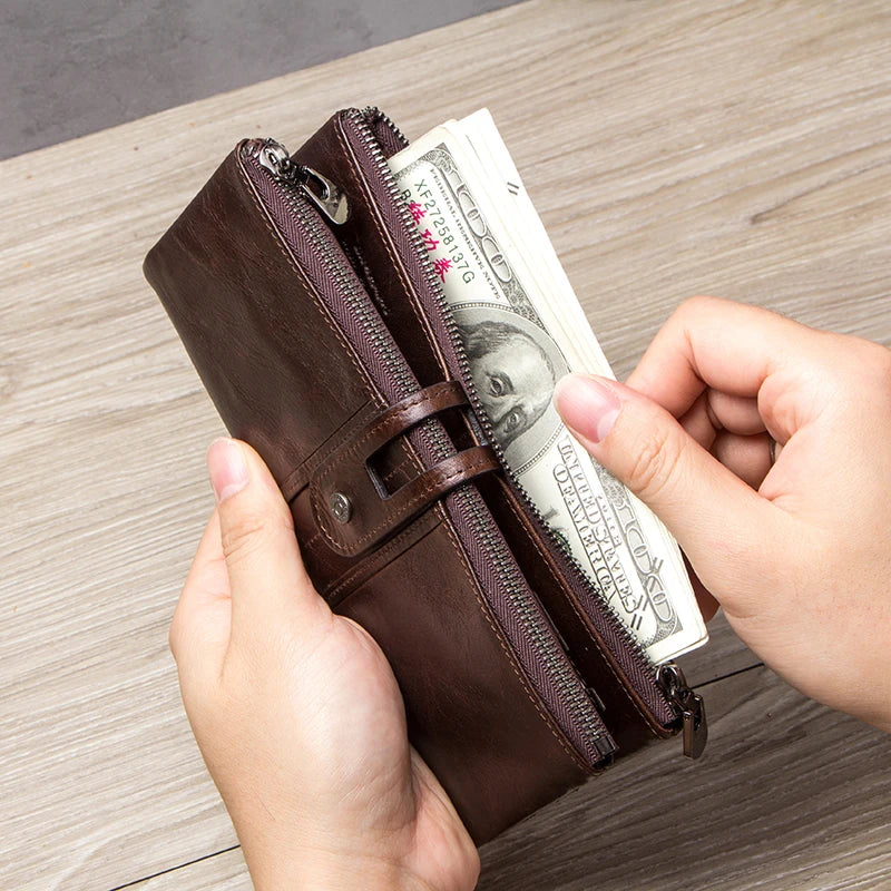 CONTACT'S Men Clutch Wallet Genuine Leather Long Wallet Hasp Card Holder Vintage Male Zipper Coin Purse Money Clip Women Purse