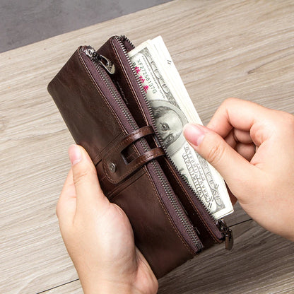CONTACT'S Men Clutch Wallet Genuine Leather Long Wallet Hasp Card Holder Vintage Male Zipper Coin Purse Money Clip Women Purse