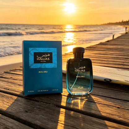 Rasasi Hawas Malibu For Him EDP Men Perfume 100ml Gradient Blue Bottle Fresh Aquatic Citrus Scent Long Lasting Masculine Fragrance Gift Box