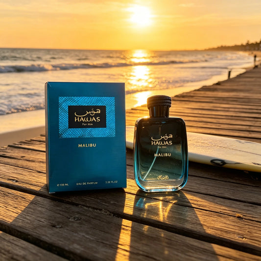 Rasasi Hawas Malibu For Him EDP Men Perfume 100ml Gradient Blue Bottle Fresh Aquatic Citrus Scent Long Lasting Masculine Fragrance Gift Box