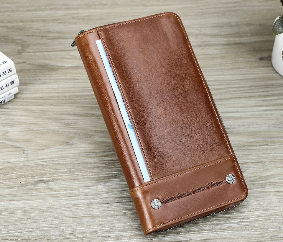 CONTACT'S RFID Men Wallet Genuine Leather Clutch Wallets Male Casual Long Purse with Phone Pocket Large Capacity Card Holder Bag