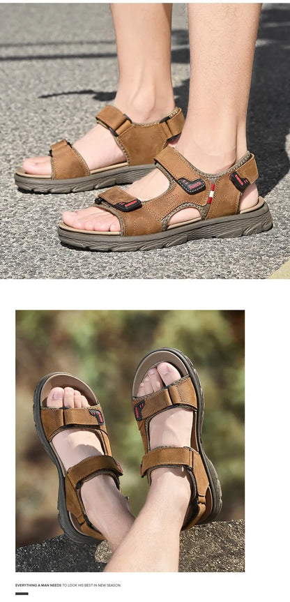 Classic Men's Sandals Summer Genuine Leather Beach Sandals Fashion Men's Casual Shoes Wading Sandals Outdoor Sneakers Plus Size