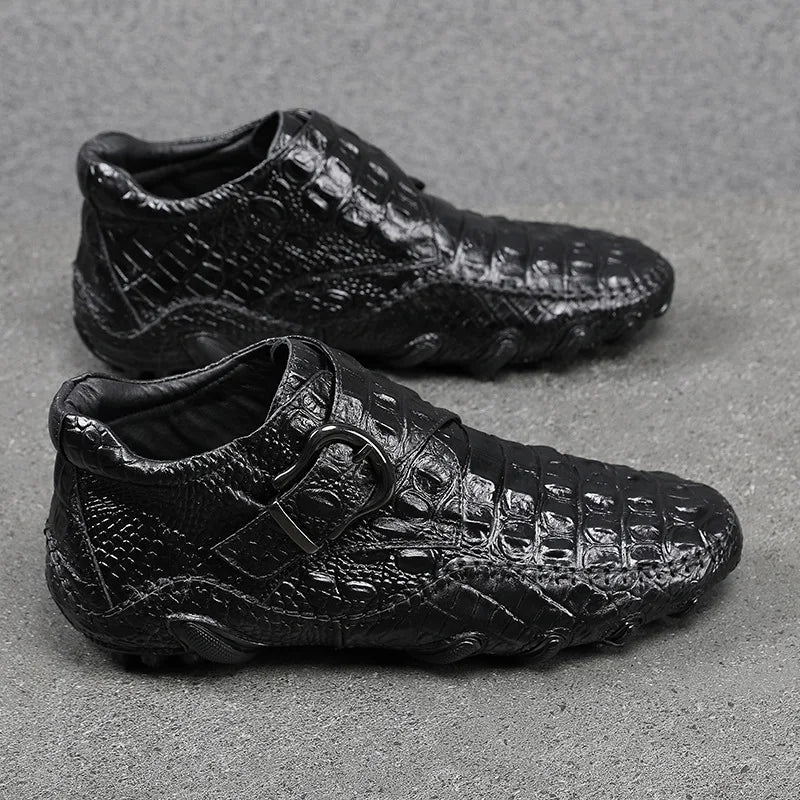 Famous Luxury Ankle Boots Mens Shoes Genuine Leather Shoes Loafer Cow Leather Crocodile Pattern Hasp Casual Shoes
