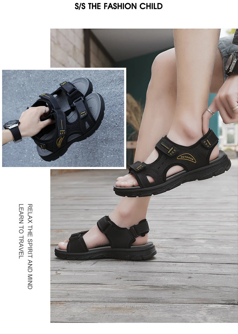 Classic Men's Sandals Summer Genuine Leather Beach Sandals Fashion Men's Casual Shoes Wading Sandals Outdoor Sneakers Plus Size