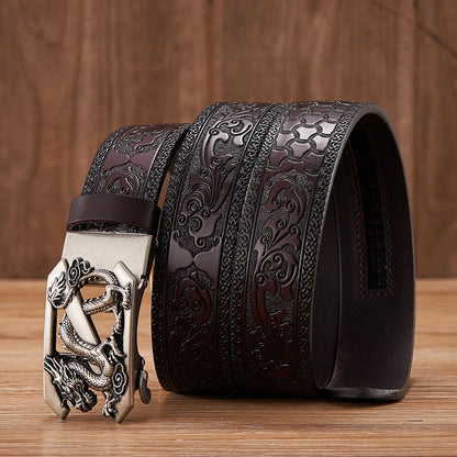 3.5cm Fashion Embossing Retro Male Belts for Men Business Split Leather Belt Dragon Pattern Automatic Buckle Strap