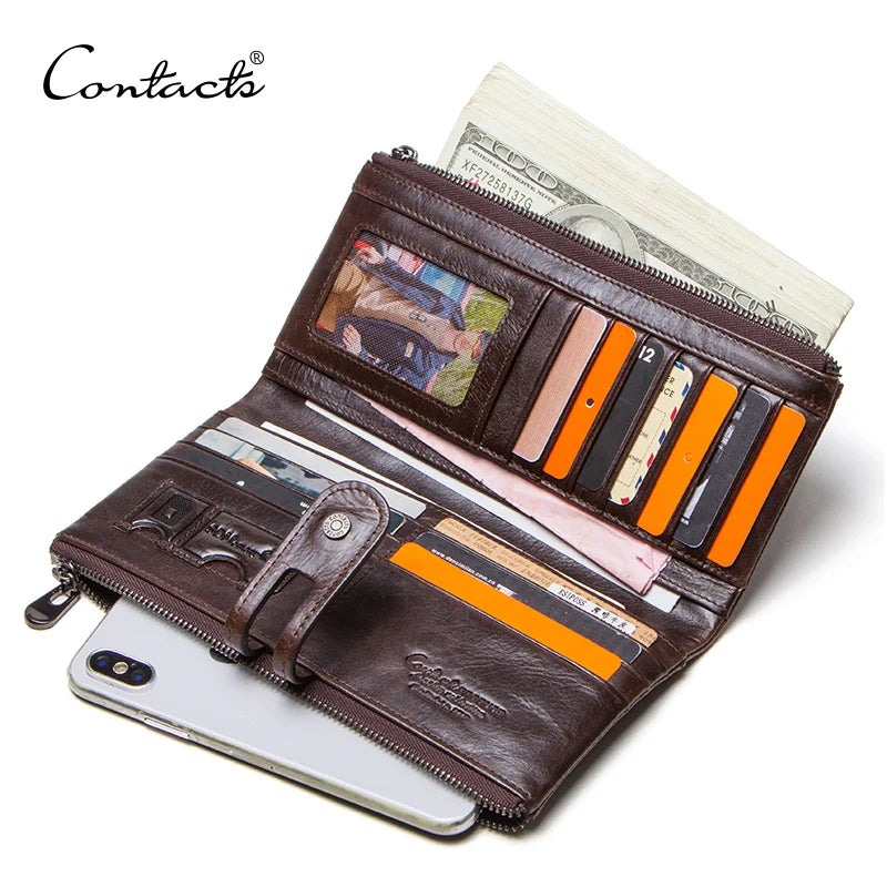 CONTACT'S Men Clutch Wallet Genuine Leather Long Wallet Hasp Card Holder Vintage Male Zipper Coin Purse Money Clip Women Purse