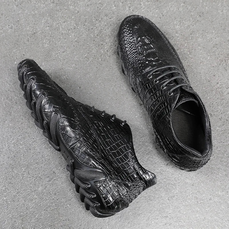Famous Luxury Ankle Boots Mens Shoes Genuine Leather Shoes Loafer Cow Leather Crocodile Pattern Hasp Casual Shoes