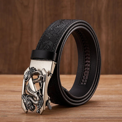 3.5cm Fashion Embossing Retro Male Belts for Men Business Split Leather Belt Dragon Pattern Automatic Buckle Strap