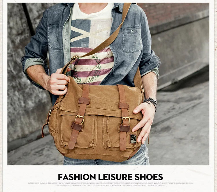 2025 Fashion Vintage Leather Canvas Women's Men's Messenger Bag Cotton Canvas Crossbody Bag Men Shoulder Bag Sling Casual Bag