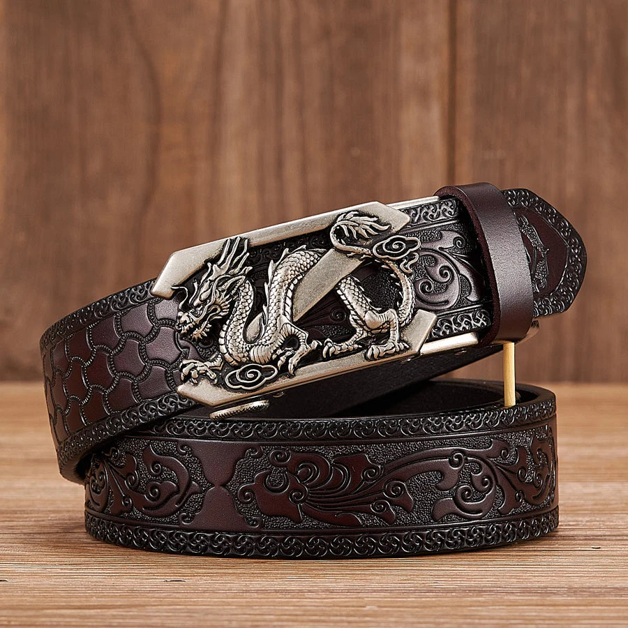 3.5cm Fashion Embossing Retro Male Belts for Men Business Split Leather Belt Dragon Pattern Automatic Buckle Strap
