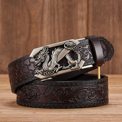 3.5cm Fashion Embossing Retro Male Belts for Men Business Split Leather Belt Dragon Pattern Automatic Buckle Strap