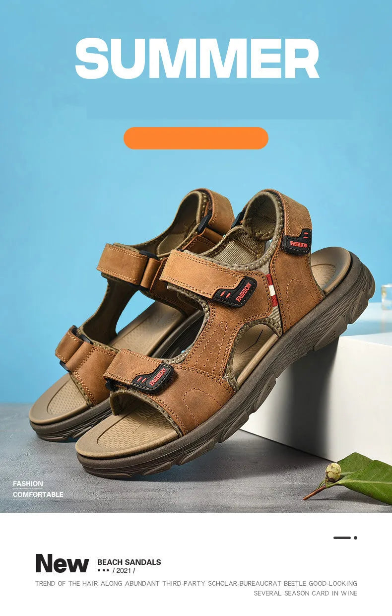Classic Men's Sandals Summer Genuine Leather Beach Sandals Fashion Men's Casual Shoes Wading Sandals Outdoor Sneakers Plus Size