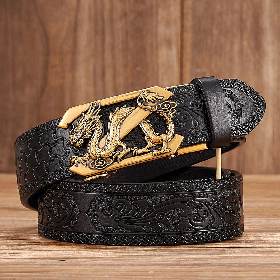 3.5cm Fashion Embossing Retro Male Belts for Men Business Split Leather Belt Dragon Pattern Automatic Buckle Strap