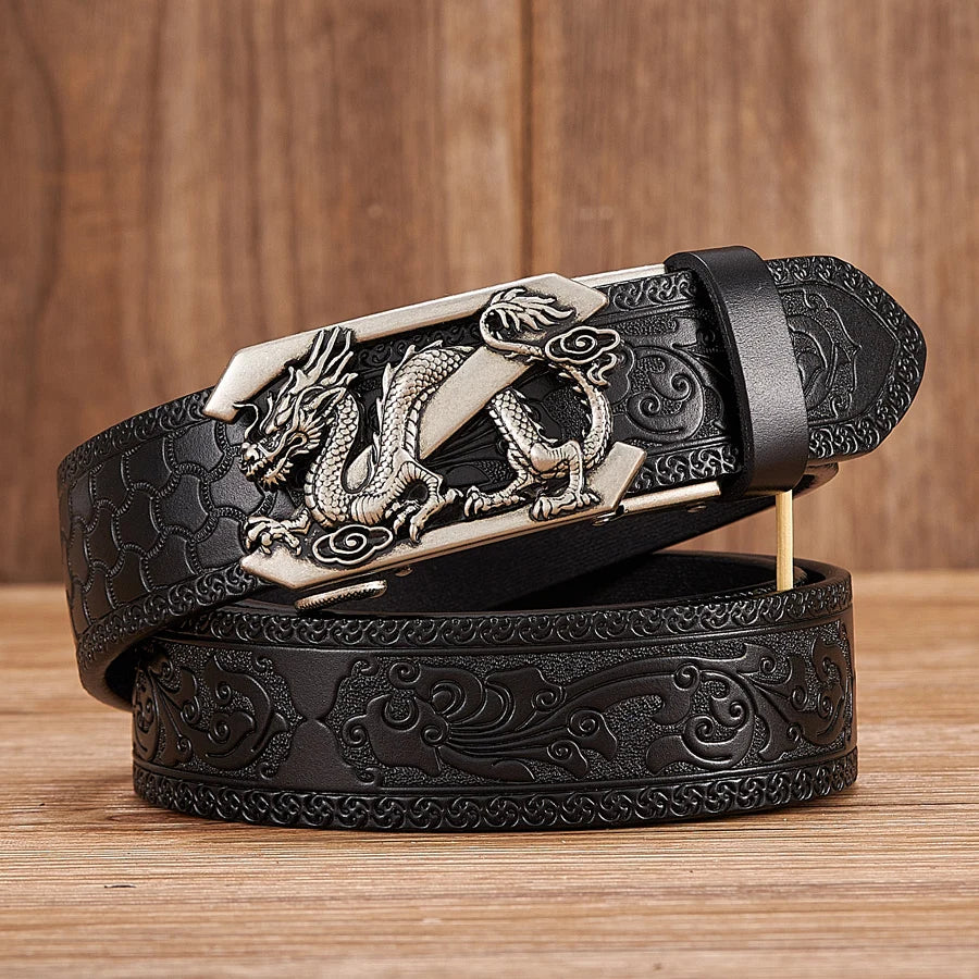 3.5cm Fashion Embossing Retro Male Belts for Men Business Split Leather Belt Dragon Pattern Automatic Buckle Strap