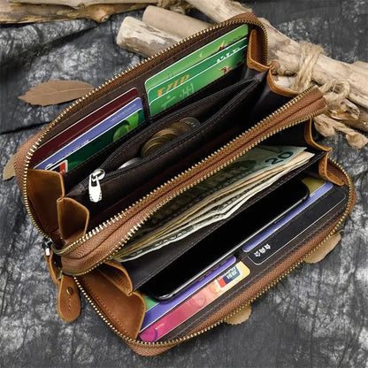 Luufan Vintage Crazy Horse Leather Men Women Long Purse Wallet Credit Card Double Zip Wallets Long Wallet Male Clutch Purse