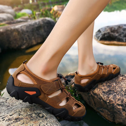Summer Luxury Sandals Men Breathable Genuine Leather Outdoor Sandalias Trekking Casual Beach Shoes Male Loafers Big Size 38-48