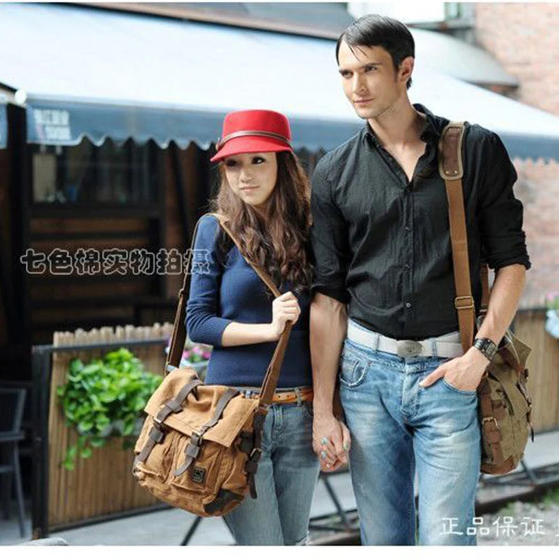 2025 Fashion Vintage Leather Canvas Women's Men's Messenger Bag Cotton Canvas Crossbody Bag Men Shoulder Bag Sling Casual Bag