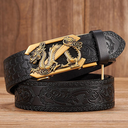 3.5cm Fashion Embossing Retro Male Belts for Men Business Split Leather Belt Dragon Pattern Automatic Buckle Strap