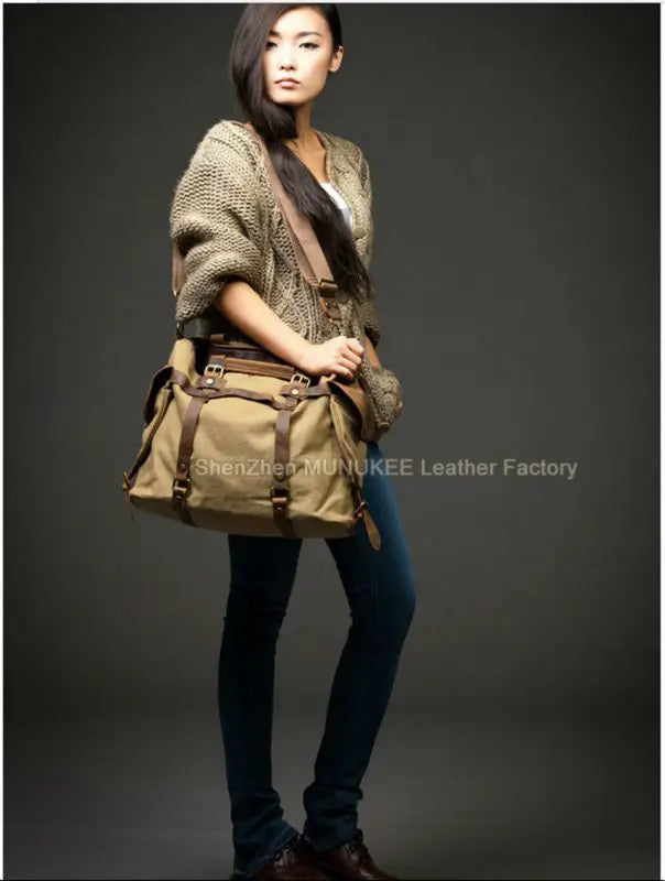 Vintage Military Canvas + Genuine Leather Men Shoulder Bag Sling Crossbody Bag Tote Handbag Men Canvas Messenger Bag  Leisure