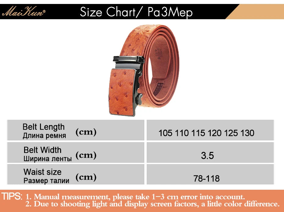 Maikun Luxury Leather Belt for Men Original Designt Ostrich Grain Automatic Buckle Belt Ceinture Homme Cinto Masculino