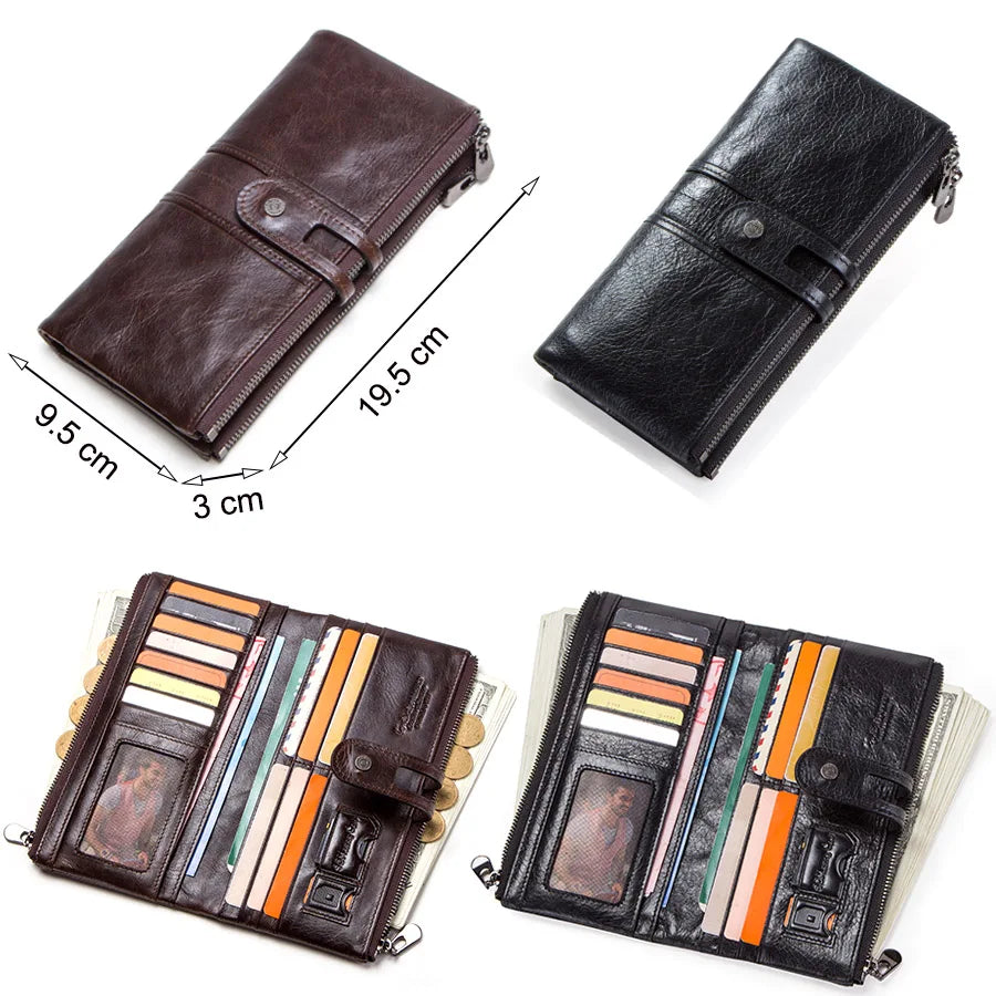 CONTACT'S Men Clutch Wallet Genuine Leather Long Wallet Hasp Card Holder Vintage Male Zipper Coin Purse Money Clip Women Purse