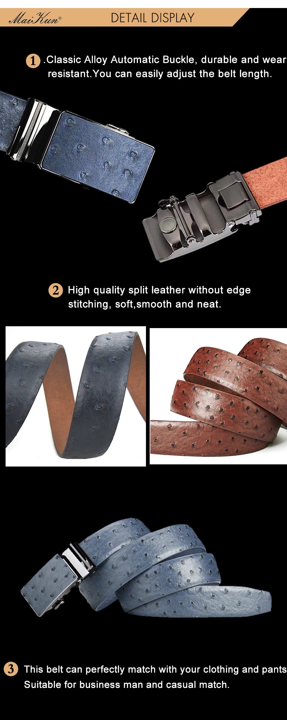 Maikun Luxury Leather Belt for Men Original Designt Ostrich Grain Automatic Buckle Belt Ceinture Homme Cinto Masculino